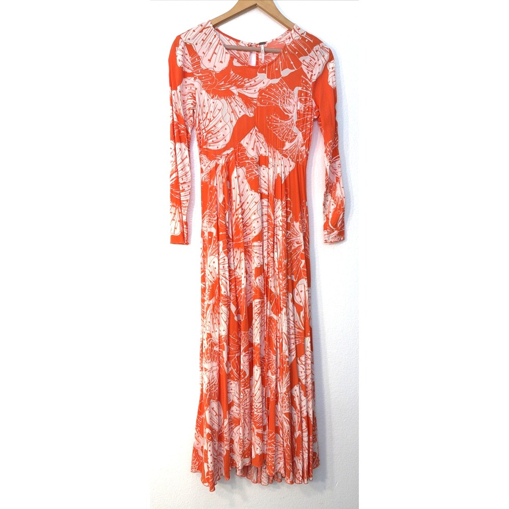 Free People Dress Womens Small First Kiss Maxi Orange Floral Long Sleeve Rayon